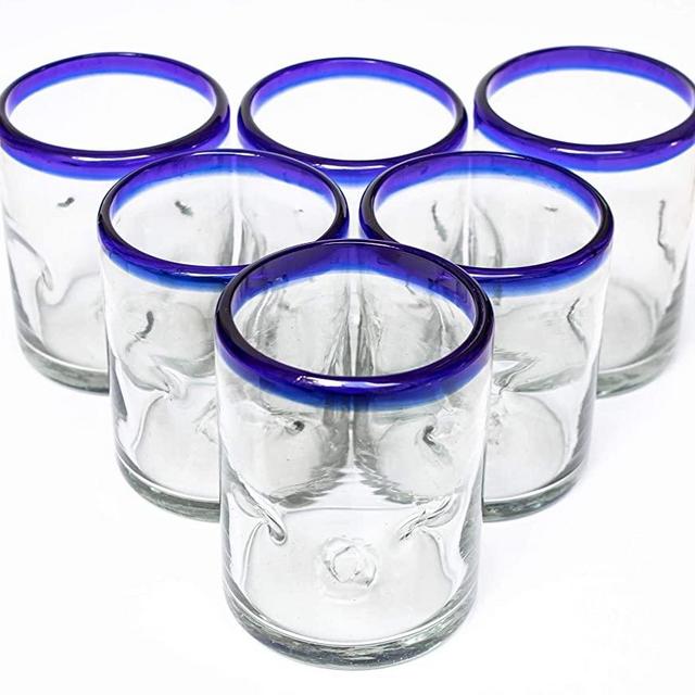 Blue Rim Mexican Kitchen Fiestaware Thick Durable Lead Free Recycled Clear Hand Blown Drinking Glasses Cups Stemless Juice Margarita Wine Cobalt Picado Glassware 10 oz. Dishwasher Safe Set of 6