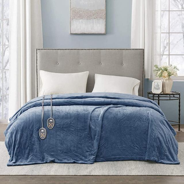 Beautyrest Plush Electric Blanket for Cold Weather, Fast Heating, Auto Shut Off, Virtually Zero EMF, Multi Heat Setting, UL Certified, Machine Washable, Sapphire Queen (90 inx84 in)