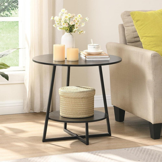 D&H FURNIMMT 20" Living Room Side Table for Small Spaces, 2 Tier Wood Top Round End Tables with Storage Shelf, Accent Sofa Table for Bedroom, Office, Sunroom, Balcony, Black
