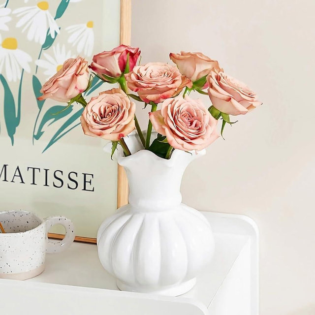 Flower Vase,Pumpkin Ceramic Vase, Ceramic Vase for Decor,Container for Flower, Centerpieces for Dining Table,for Living Room Desk Shelf Decor. (Bright White)