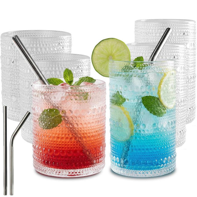 CycleMore Set of 12 Vintage Hobnail Drinking Glasses, 12 oz Highball Glasses & 10 oz Cocktail Glasses, Bar Tumbler Glassware for Water, Juice, Beer, Whiskey, Cocktail, Smoothie