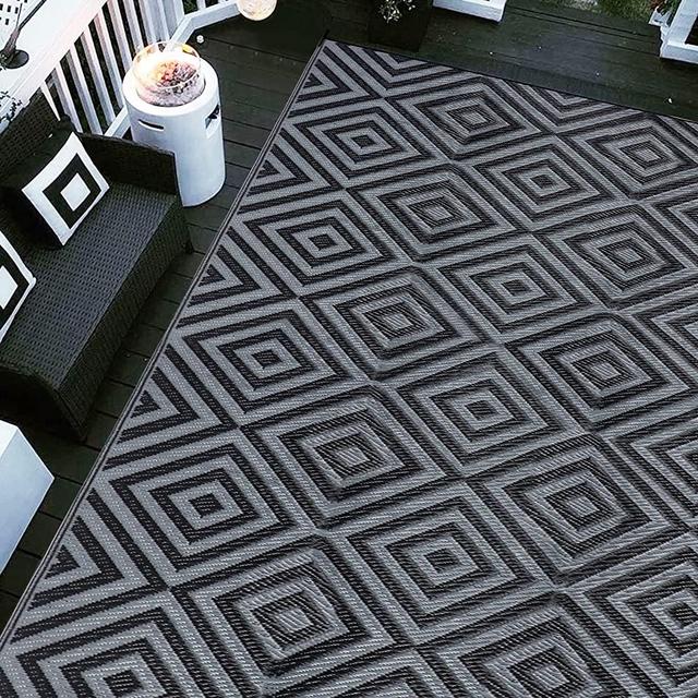 Ridota Reversible Mats, Outdoor Patio Rugs, Plastic Straw Rug, Modern Area Rug, Floor Mat for Outdoors, RV, Patio, Backyard, Deck, Picnic, Beach, Trailer, Camping (Diamond Black & Grey, 9' x 18')