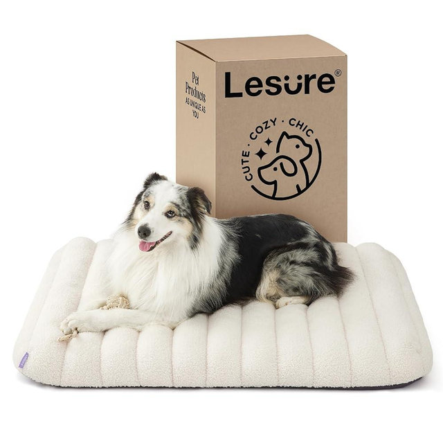Lesure Cute Orthopedic Dog Bed for Large Dogs, Waterproof Chic Flat Pet Mat with Removable Washable Cover, Fuzzy Thick Egg Crate Foam Pet Mattress for Indoor Use (36" x 27", Cream)