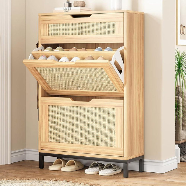 Shoe Cabinet Storage for Entryway Rattan Shoes Storage Cabinet Hidden Boho Narrow Shoe Organizer Cabinet with 2 Flip Drawers, Free Standing Wood Shoe Cabinet for Foyer, Hallway (Wood, 2 Flip Drawer)