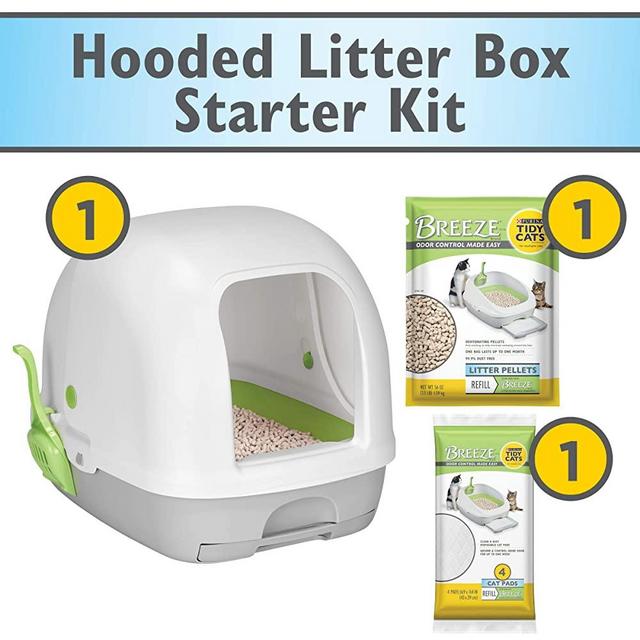 Purina Tidy Cats Breeze Hooded System Starter Kit Cat Litter Box, Litter Pellets & Pads
