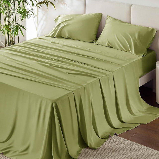 Bedsure Queen Sheets, Rayon Derived from Bamboo, Queen Cooling Sheet Set, Deep Pocket Up to 16", Breathable & Soft Bed Sheets, Hotel Luxury Silky Bedding Sheets & Pillowcases, Green
