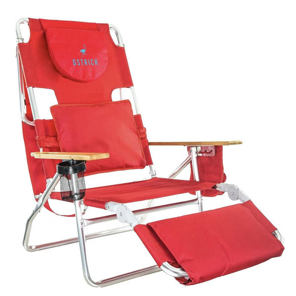Ostrich D3N1-1001R Reclining Lounge Chair, Deluxe 3 in 1 Folding Outdoor Beach Lounger, Red - Compact and Portable Recliner for Pool Tanning, Lawn, Patio, and Yard