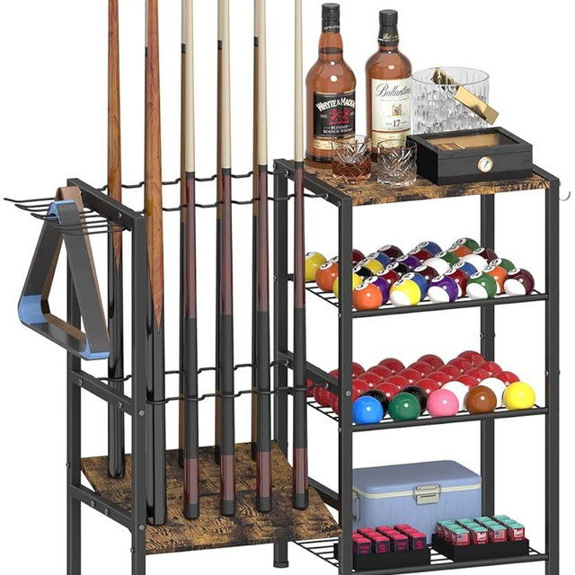 Tikimilor Pool Stick Holder for 10 Cue Sticks, Pool Cue Rack Floor Stand with 4-Tier Storage Shelf for Billiard Accessories, Billiard Equipment Organizer for Game Room Club or Men Cave, Black