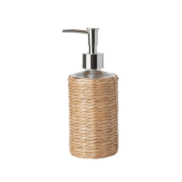 Farmhouse Rattan Pump Bottle – Tightly Woven Natural Wicker Kitchen Soap Dispenser for Sink Area, Guest Bathroom Hand Soap, Dish Soap – Eco-Friendly Refillable Glass – Simple Housewarming Gift