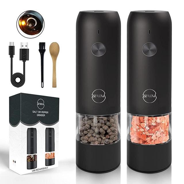 USB Rechargeable Electric Salt and Pepper Grinder Set - LED Lights, Automatic Pepper and Salt Mill Grinder Refillable, Adjustable Coarseness, One Hand Operation(Black 2 Pack)
