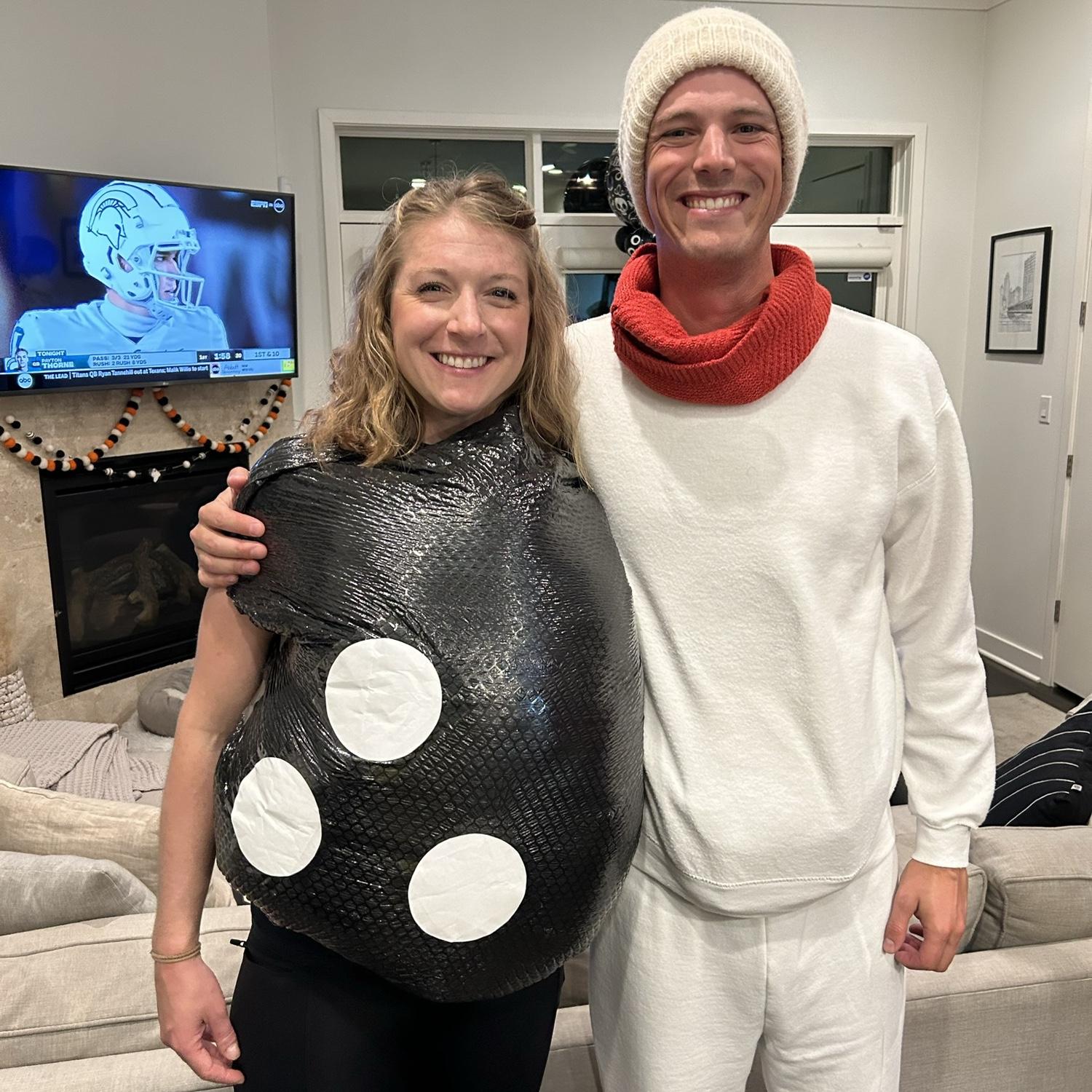 The infamous bowling ball and bowling pin costume