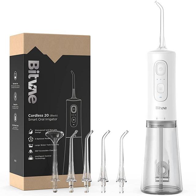 Bitvae Cordless Water Dental Flosser for Teeth , Portable 300ML Water Teeth Cleaner Picks , 3 Cleaning Modes 6 Jet Tips , IPX7 Waterproof , USB Rechargeable Water Dental Picks for Cleaning，White