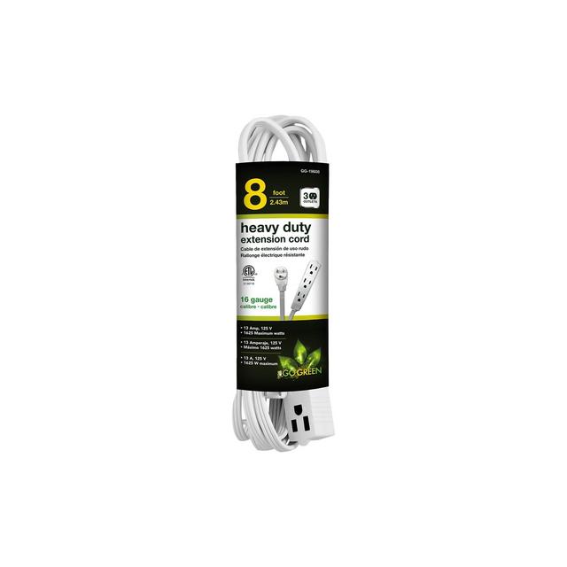 GoGreen Power 16/3 8ft 3 Outlet Extension Cord, White, 8 Ft Cord