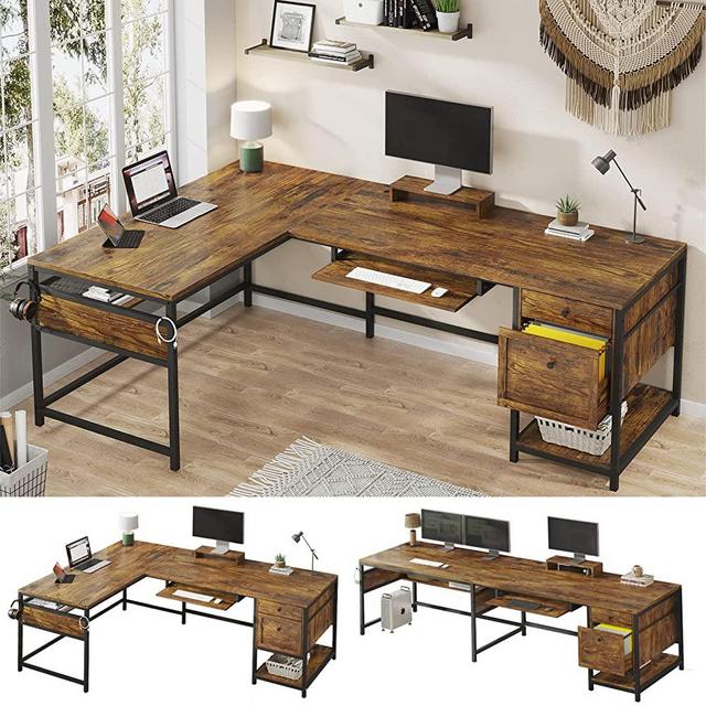 SEDETA 69" L Shaped Desk, Reversible L Shape Computer Desk or 2 Person Long Desk, Corner Desk with Letter File Drawers, Keyboard Tray & Monitor Stand for Home Office, Rustic Brown