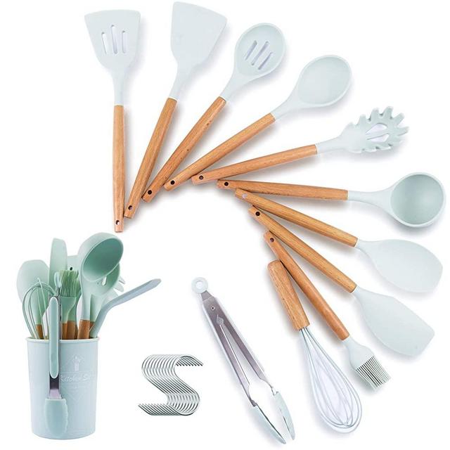 Kitchen Cooking Utensils Set With holder，Silicone Cooking Spoon Wooden Handle，Spatula Set For Nonstick Cookware,Light Blue Silicon Kitchen Cooking Tools Utensils Set Heat Resistant 13PCS