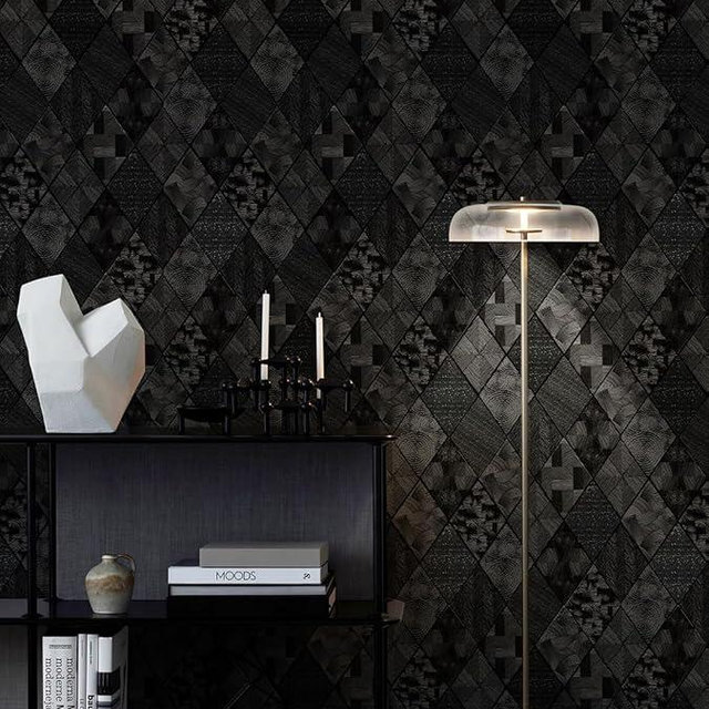 Zeeko Black Textured Peel and Stick Wallpaper 3D Embossed Geometric Linear Contact Paper Removable Waterproof Self Adhesive Wall Paper for Bedroom Bathroom Cabinets Shelf 17.3" X 800"