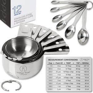 Measuring Cups and Spoons Stainless Steel Metal - Stackable 12 pieces with ORIGINAL Magnetic Measurement Conversion Chart | Only from Indigo True Company