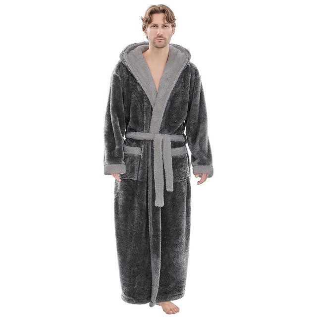 PJGGZ Mens Plush Robes Full Length, Big and Tall Fleece Hooded Bathrobe Warm Fluffy Cozy Winter Housecoat Floor Length