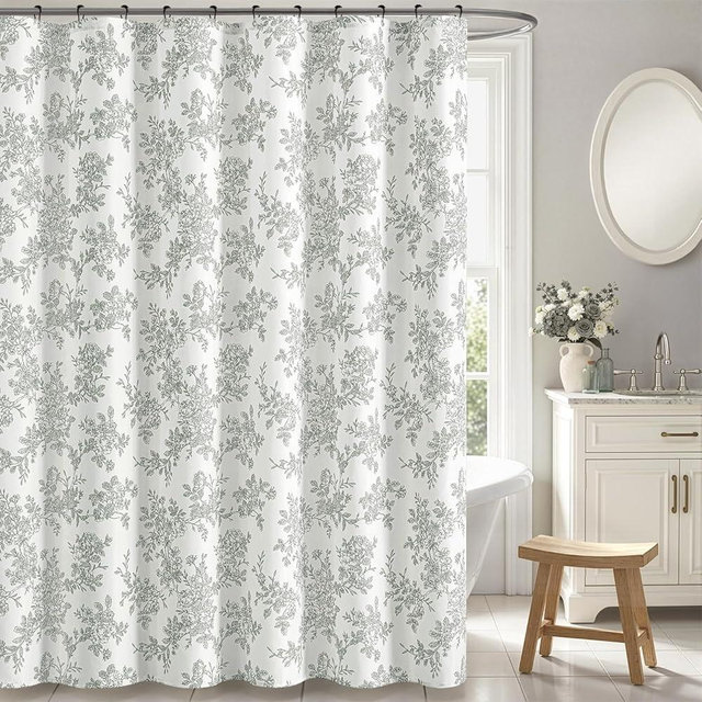 Slozzi Grey Floral Shower Curtain, Linen Textured Fabric with 12 Rustproof Metal Hooks, Wrinkle Resistant Cloth Machine Washable Bathroom Decor for Cottagecore Style, W72* L72