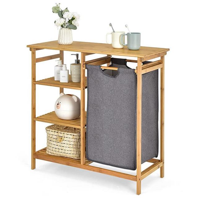 Giantex Bamboo Laundry Hamper Stand, Freestanding Laundry Organizer w/ Removable Sliding Bag & 3-Tier Open Shelves, Multipurpose Utility Storage Cabinet for Bathroom, Living Room, Bedroom, Natural