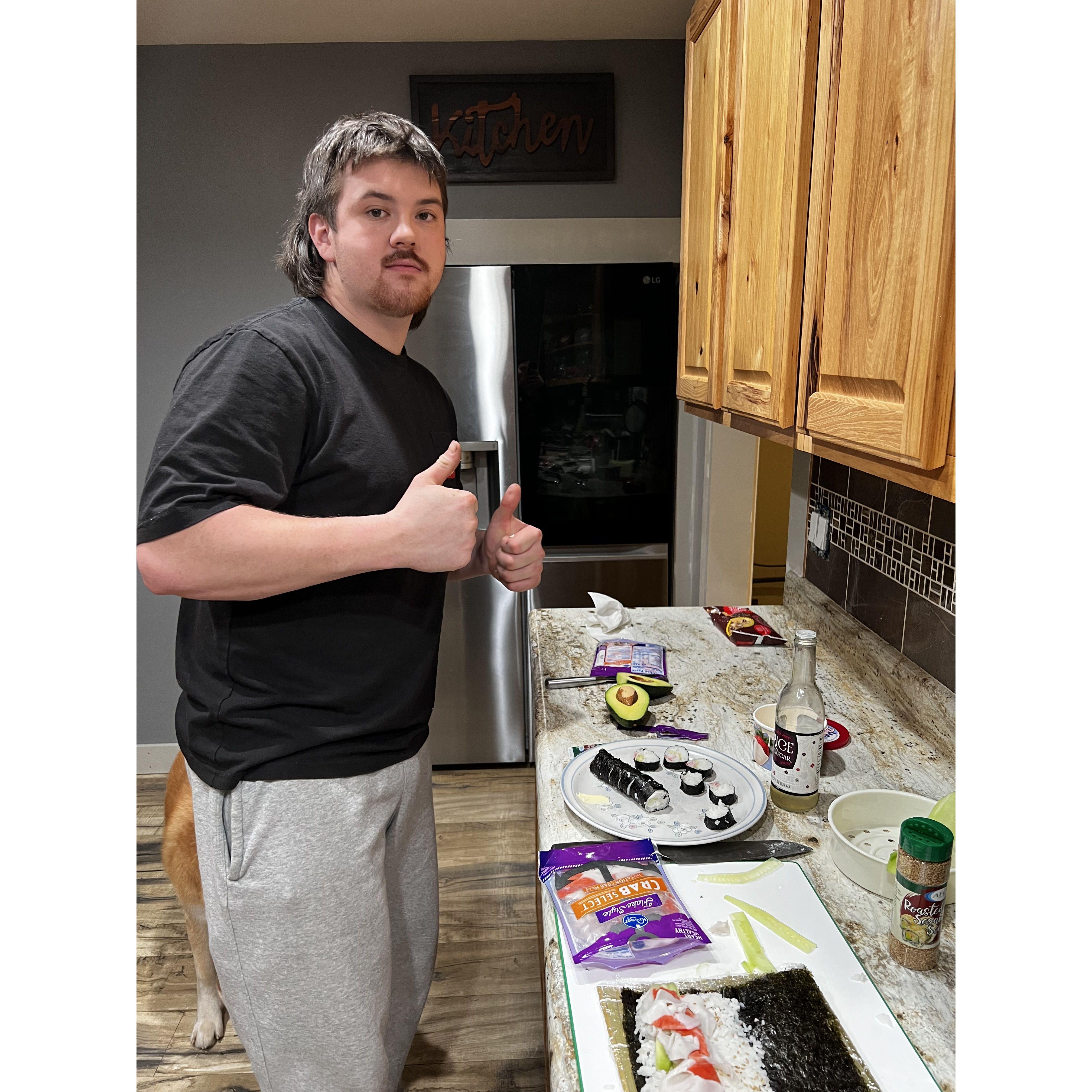 Our first Valentine's Day together. We made sushi and chocolate covered strawberries