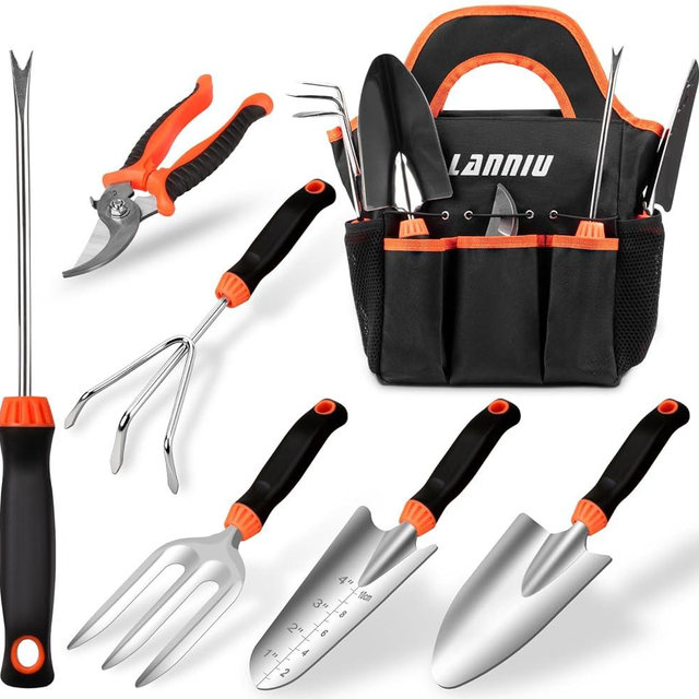 LANNIU Garden Tool Set - 7 Piece Heavy Duty Stainless Steel Gardening Hand Tools with Floral Tote Bag, Non-Slip Rubber Grip, Gardening Kit Gifts for Women Mom