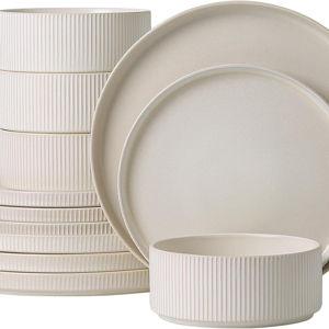 Dinnerware Set Service for 4, 12-Piece Ceramic Plates and Bowls Set, Chip & Scratch Resistant, Microwave and Dishwasher Safe, Modern Minimalist Tableware for Everyday Use, Matte White