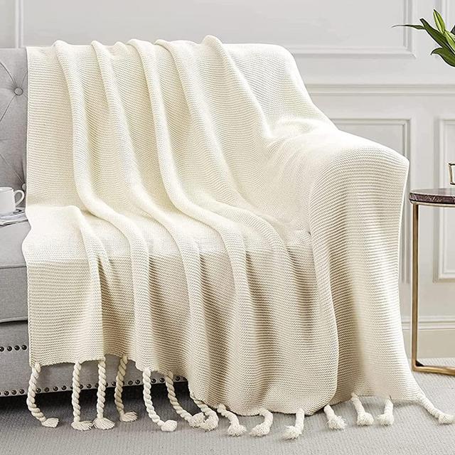 Aormenzy Beige Throw Blanket with Tassels, Knitted Throw Blanket for Couch Bed Sofa, 50" x 60"