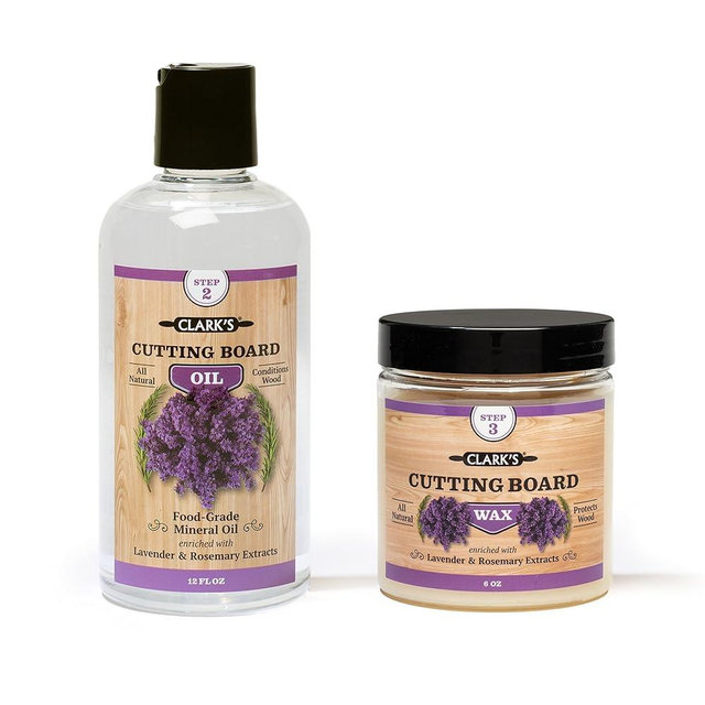 CLARK’S Cutting Board Oil and Wax Care Kit – Set includes Food Grade Mineral Oil (12oz) and Carnauba Beeswax (6oz) to Condition and Protect Wood, Enriched with Food Safe Lavender and Rosemary Extract