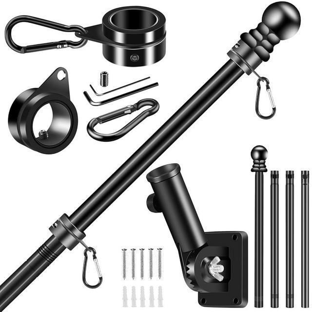 BONWIN Black Flag Pole Kit for House, 5 FT Thickened Stainless Steel Outside Porch Wall Flagpole for 3x5' Flag, 1" Tangle Free Rotating Flag Pole Rings & 180° Adjustable Multi-Positions Bracket Holder