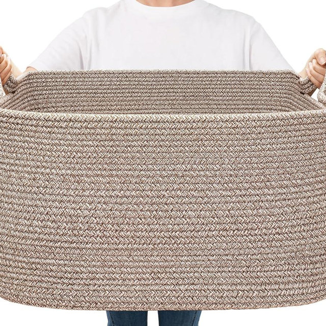 Goodpick Large Woven Storage Basket, 21.6" x 14.9" x 11.8" Blanket Basket for Living Room, Bedroom, Rectangle Rope Storage Organizer for Clothes, Toys, Brown