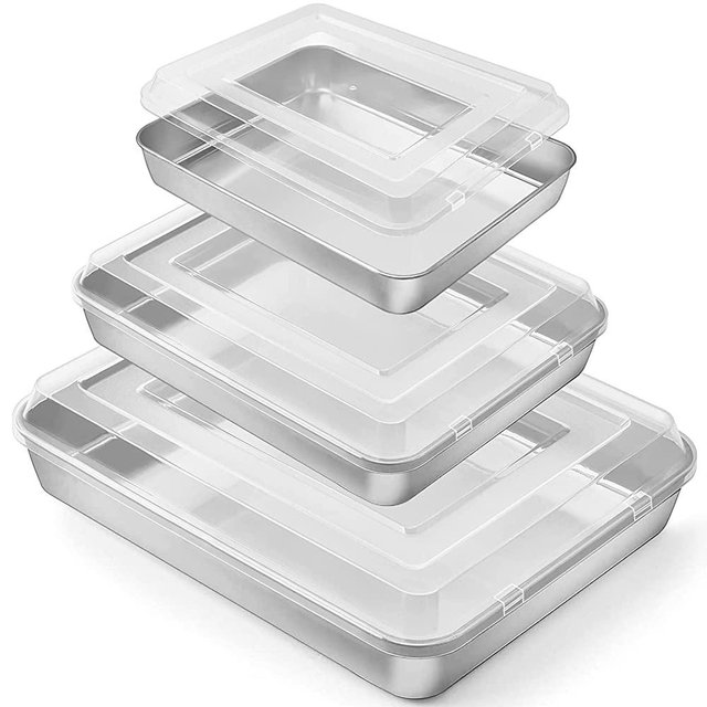 Stainless Steel Baking Pan Set, P&P CHEF Rectangle Cake Pan with Lid, 12.3/10.5/9.4Inch Toaster Oven Pan for Lasagna/Cake/Brownie/Vegetables, Healthy & Dishwasher Safe, Durable & Heavy Duty
