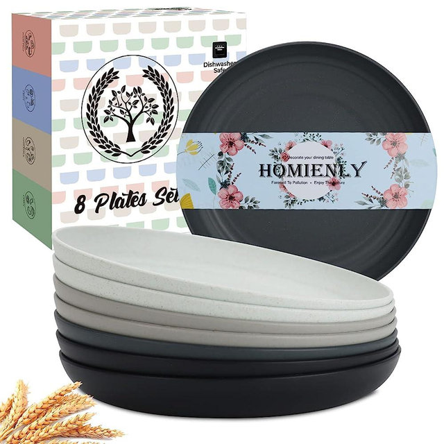 Homienly Deep Dinner Plates Set of 8 Alternative for Plastic Plates Microwave and Dishwasher Safe Wheat Straw Plates for Kitchen Unbreakable Kids Plates with 4 Colors (Stone Grey, 9 inch)