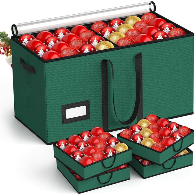Christmas Ornament Storage Box Store 128-3" Ornaments, Ornament Organizer Storage box with Dual Zipper Closure Visual Cover & Adjustable Dividers, Holiday Decorations Storage Container with 8 Trays
