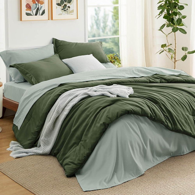 Bedsure Queen Comforter Set - 7 Pieces Olive Green Queen Bedding Set for All Seasons, Boho Contrasting Design Bed in a Bag with Comforter, Sheets, Pillowcases & Shams