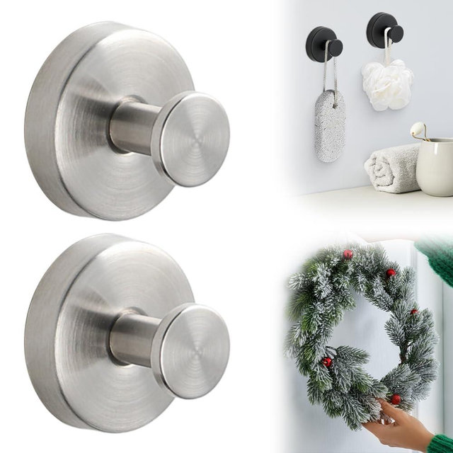 Suction Cup Hooks for Wreaths on Glass, 2025 New No Drill Suction Cup Hooks for Shower Hanging Towels, Suction Cup Wreath Hanger Holder for Glass Window Door Bathroom Mirrors (2, Silver)