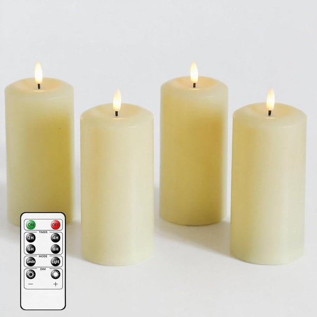 MUMCHASI 4 Packs Flameless Candles, Battery Operated Candles with Remote, Plastic LED Flickering Candles, Pillar Candles for Home Halloween Christmas Wedding Party D3 xH6 (Ivory)