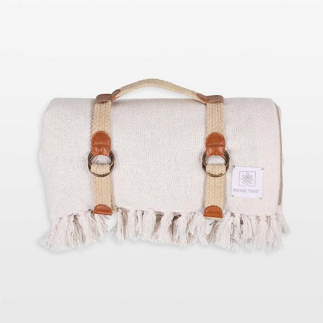Montecito White & Brown Outdoor Picnic Blanket with Carrying Handles