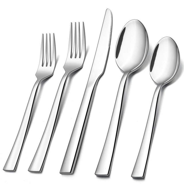 60-Piece Silverware Set, E-far Stainless Steel Flatware Set Service for 12, Tableware Cutlery Set for Home Restaurant Party, Dinner Forks/Spoons/Knives, Square Edge & Mirror Polished, Dishwasher Safe