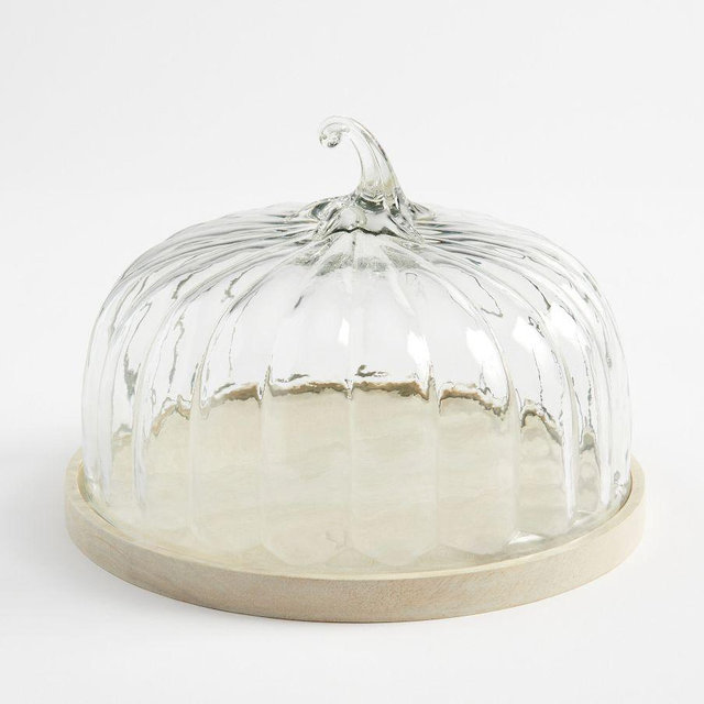 Pumpkin Glass Cloche With Wood Pedestal