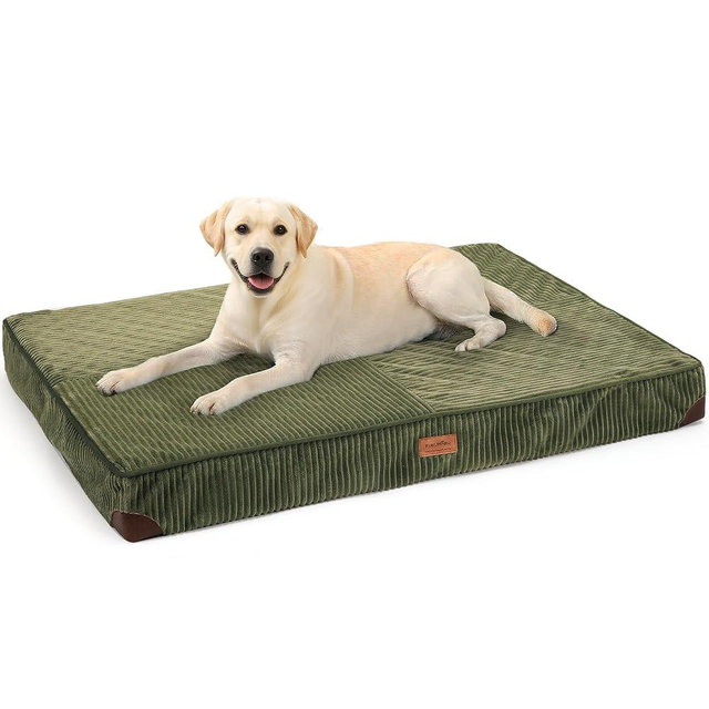 FUKUMARU Dog Bed, Thickened Corduroy Orthopedic Dog Beds with Washable Cover, Large Waterproof Dogs Bed for Crate, 28D Egg Crate Foam Support Pet Mat, Cozy Pet Bed Pad with Anti-Slip Bottom, Green