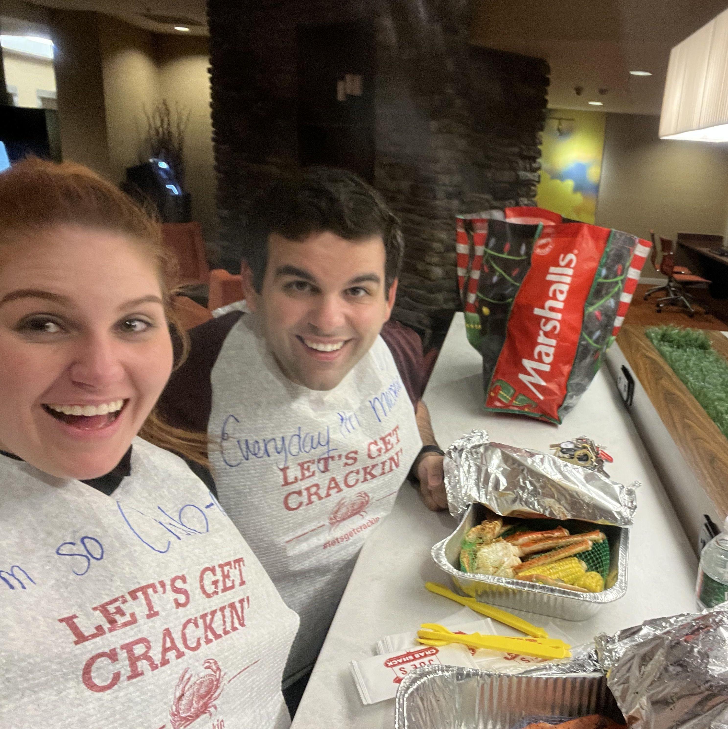 When the weather is bad so you take Joe's Crabshack to go, only to find yourself in a Marriot and needing to eat crab legs in the lobby!