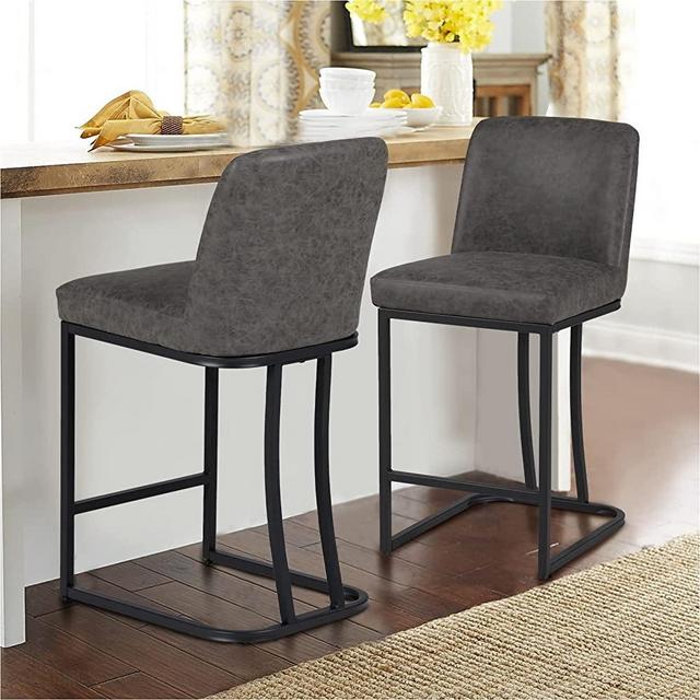MAISON ARTS Counter Height 24" Bar Stools Set of 2 with Back for Kitchen Counter Modern Upholstered Barstools Faux Leather Farmhouse Bar Chairs Island Stools Support 330LBS, 24 Inch, Grey+Black Frame