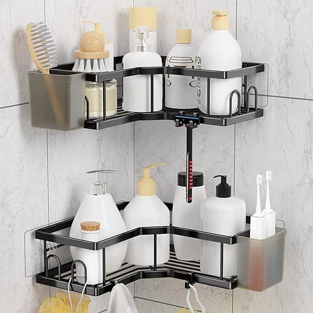 AKTECKE Corner Shower Caddy, 2 Pack Adhesive Shower Corner Organizer Shelves, No Drilling Stainless Steel Shower Storage Rack with Hooks&Toothpaste Holder for Bathroom, Dorm and Kitchen