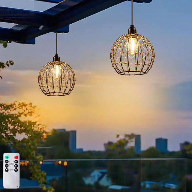 TWINKVILLA Hanging Pendant Lights, Battery Operated Outdoor Chandelier with Warm White LED Bulb for Patio Tree Pergola Gazebo Porch (Beaded Ball-G50-2PK)