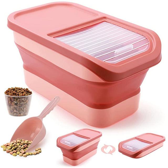 LKSTK 13 LB Collapsible Dog Food Storage Container, Folding Pet Food Container with Lids, Airtight Cat Food Containers with Measuring Cup and Scoop, Kitchen Rice Storage for Pet Food, Cereal(Pink)