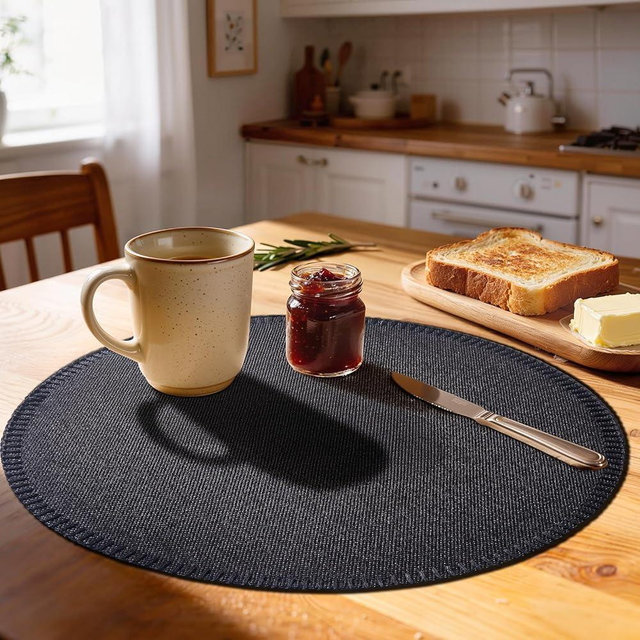 Rinpon Round Placemats Set of 8 - Machine Washable Linen-Like Cloth Place Mats & Heat-Resistant for Dining Table - Ideal for Family Meals, Daily Use, and Holiday Gatherings (Black)