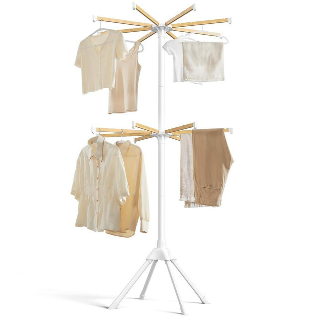 SONGMICS Clothes Drying Rack 2-Tier, with Bamboo Hanging Rods, Foldable Metal Laundry Rack, Space-Saving, Free-Standing Airer, Indoor Use, White and Natural ULLR517W01