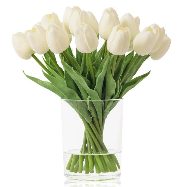 WELL KNOWN 20 Pcs White Tulips Artificial Flowers in Vase, Fake Flowers in Glass Vase, Real Touch Fake Tulips Artificial Flowers in vase with Faux Water for Home Decoration, Dining Table