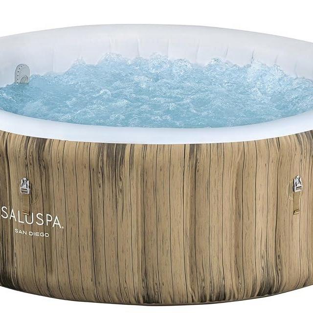 Bestway SaluSpa San Diego UltraFit EnergySense Inflatable Hot Tub Spa (77" x 26") | Portable Hot Tub with Energy-Efficient Cover and Built-in Pump | Fits Up to 4-6 Persons | Brown Wood